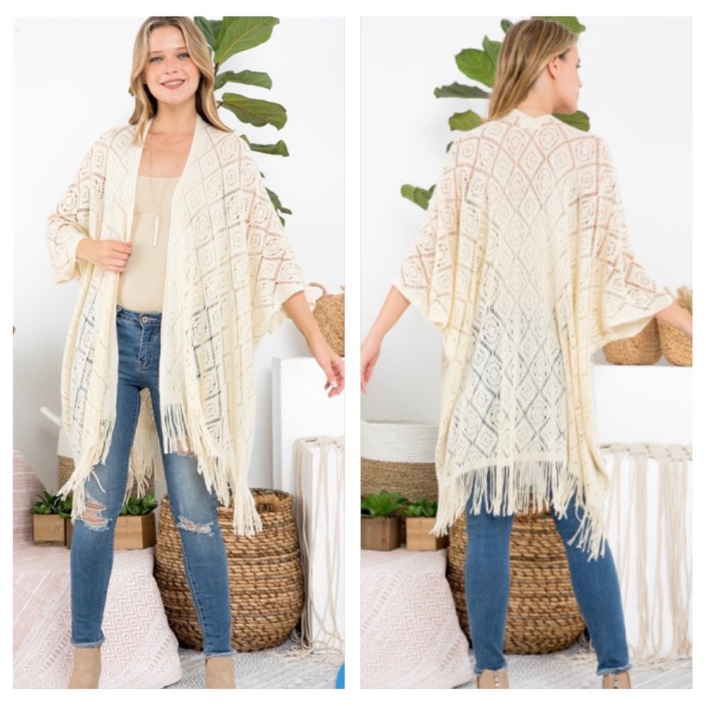Bohemian Chic Crochet Fringe Swim Coverup Kimono Wrap Robe Sweater Sleeves OSFM